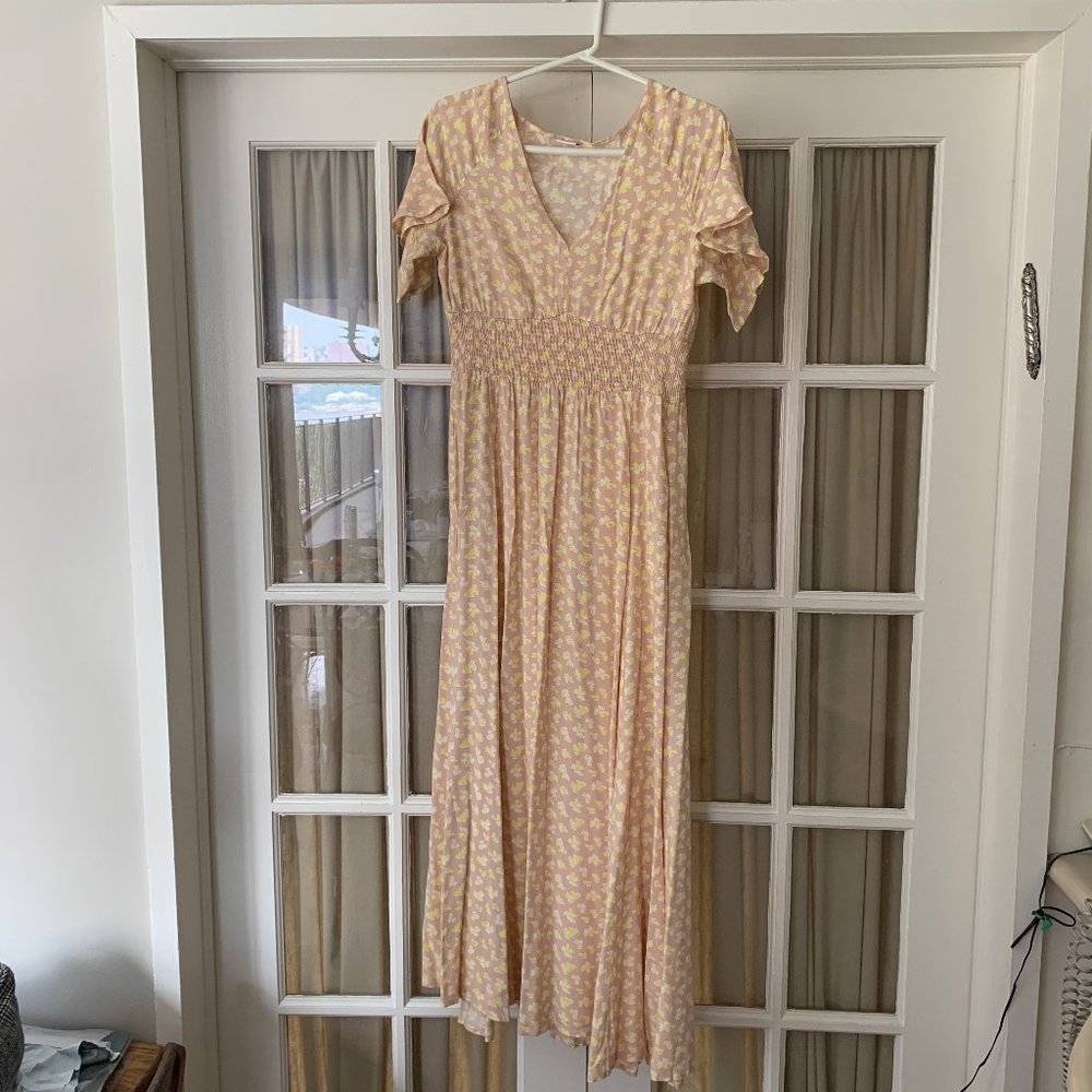Women's Lascana Floral V-Neck Dress Taupe Yellow SZ Small
